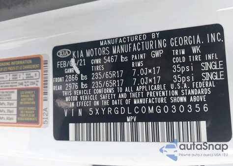 2021 Kia Sorento Lx z USA, uszkodzony, nr VIN 5XYRGDLC0MG030356